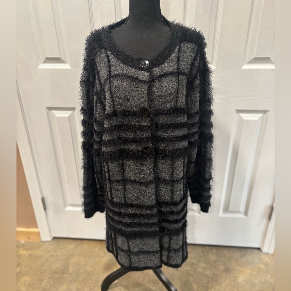 NICOLE ALEXANDER WOMENS EYELASH LONGLINE WOOL BLEND CARDIGAN GRAY& BLACK SIZE XL